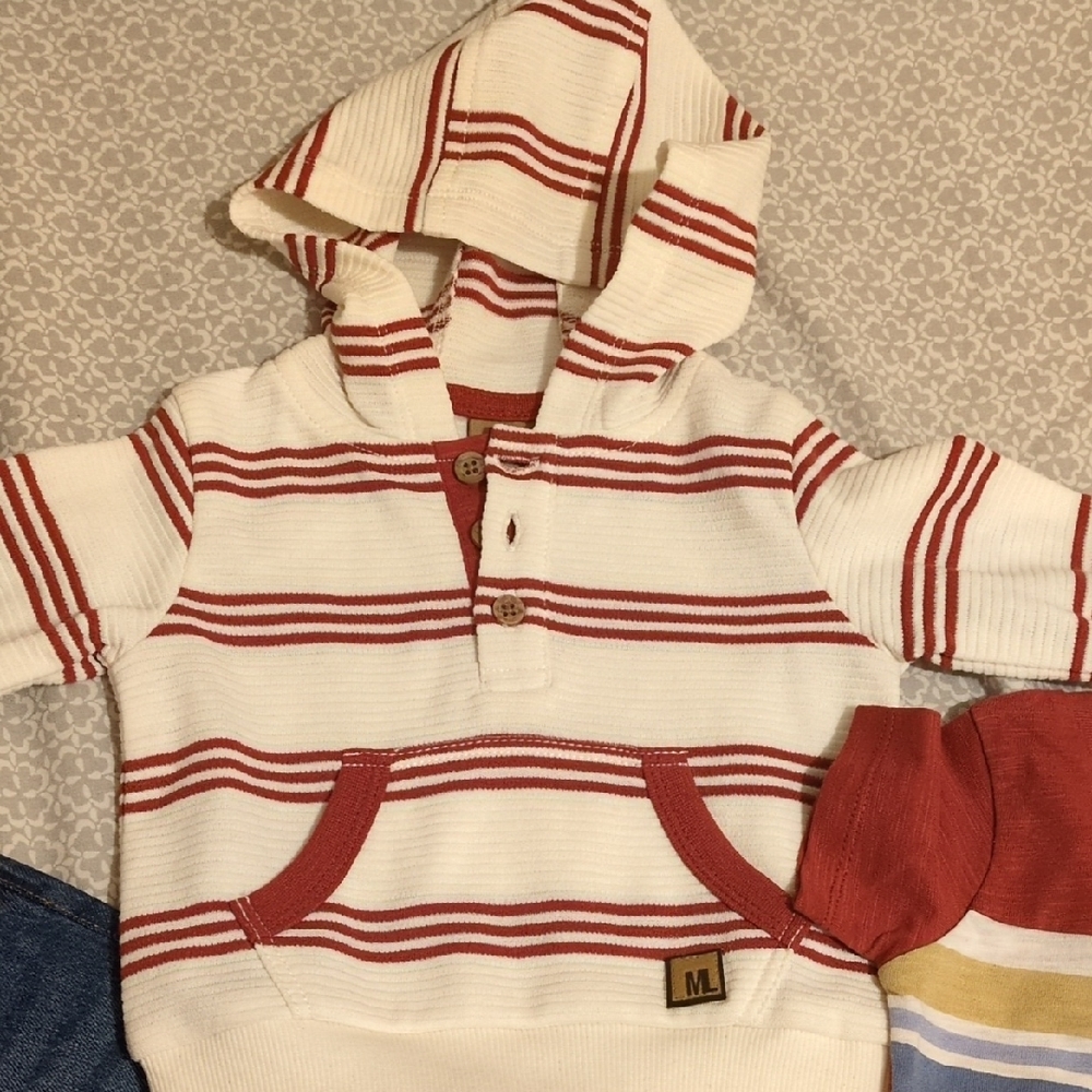 Mario Lopez 3 PC Baby Boy Striped  Hoodie-Red and White/Jeans/Bodysuit 3/6M